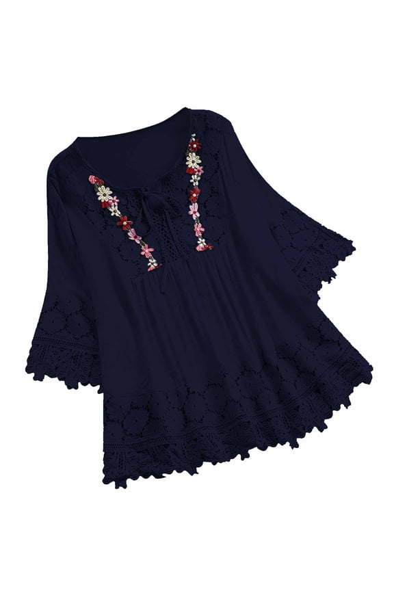 Mexican Shirts for Women Linen Embroidered Tops Tunic 3/4 Sleeve Summer Boho Peasant Lace Patchwork Bow V-Neck Blouse Navy,XXXXL