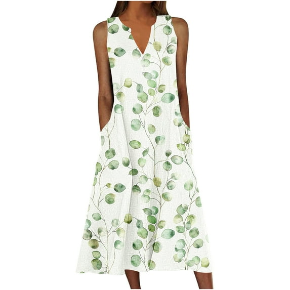 Moxiu Midi Dresses for Women Flower Print Sundress Plus Sleeveless A Line Flowy Boho Floral Beach Dresses with Pockets 2025 Multicolor,S