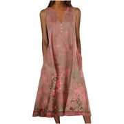 Moxiu Midi Dresses for Women Flower Print Sundress Plus Sleeveless A Line Flowy Boho Floral Beach Dresses with Pockets 2025 Multicolor,XXL
