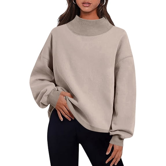 Moxiu Mock Neck Sweatshirt Women Plus Size Cute Oversized Sweatshirts Preppy Cozy Soft Slouchy Pullover Loose Fit No Hood Khaki,XXXXXL