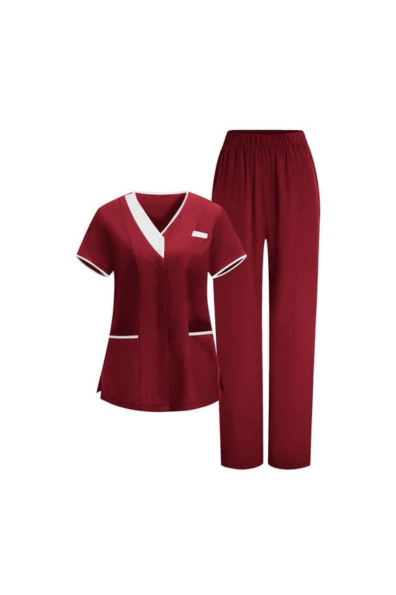 Nurse Scrubs for Women Set Cleaning Jobs Uniform Multi Pockets Medical Sets Stretch V-Neck Top & Straight Leg Pants Scrub Suit Set Red,XXXL