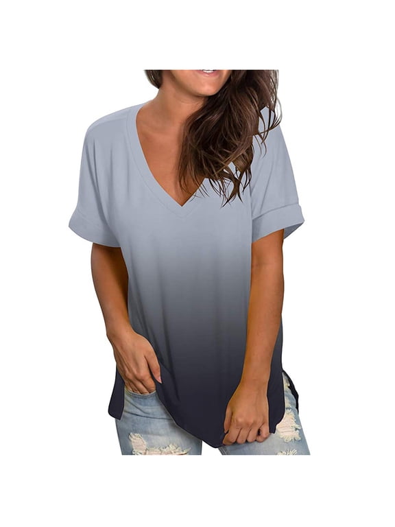 Ombre Shirt Women Cuffed Short Sleeve V-Neck Tie Dye Shirts Loose Fit Casual Tee T-Shirt Summer Gradient Tops Plus Size 2025 Gray,S