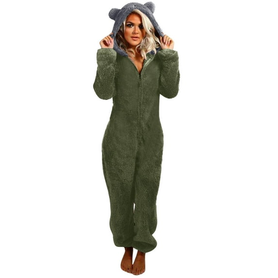 Moxiu Onesie Pajamas for Women Winter Warm,Womens 2023 Furry Fleece Onesie Solid Color Long Sleeve Zipper Hooded Romper Jumpsuit Sleepwear Casual Bodysuit Plus Size