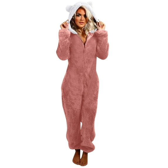 Moxiu Onesie Pajamas for Women Winter Warm,Womens 2023 Furry Fleece Onesie Solid Color Long Sleeve Zipper Hooded Romper Jumpsuit Sleepwear Casual Bodysuit Plus Size