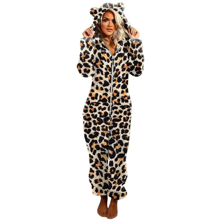 Moxiu Onesie Pajamas for Women Cute Leopard Cow Print Onesie Hooded Pajamas Zipper Long Sleeve Plush Jumpsuit Winter Warm Playsuit Walmart