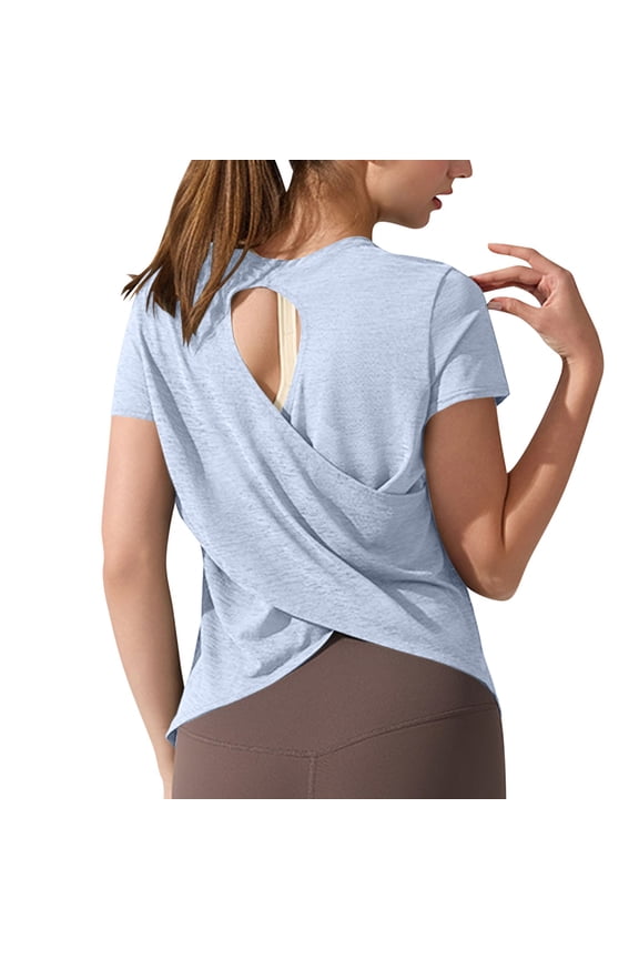 Open Back Workout T Shirt for Woman Summer Crew Neck Stretchy Quick Dry Athletic Tee Yoga Running Layering Tops 2026 Blue,S