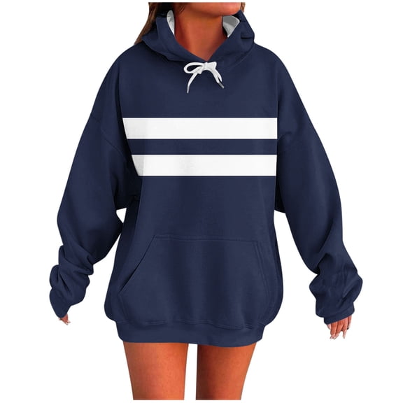 Moxiu Oversize Hoodie Women Fleece Colorblock Sweatshirt Winter Pullover Hood Top Casual Soft Fall Long Sleeve Clothes 2025 Navy,M