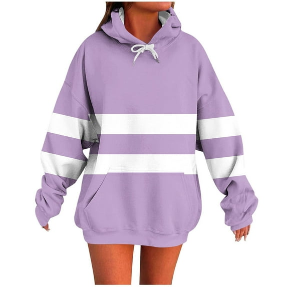 Moxiu Oversize Hoodies Sweatshirt Women Pullover Color Block Hoodie Fall Winter Fleece Hooded Sweater Tops with Pocket 2025 Purple,S