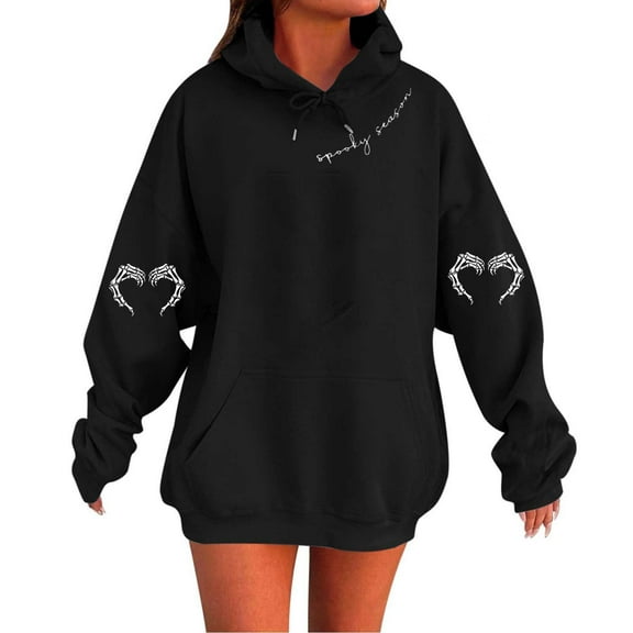Moxiu Oversized Hoodie Women Plus Size Halloween Sweatshirts Fleece Hooded Pullover 2025 Ghost Print Festivel Sweater Hoodies Black,S