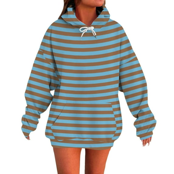 Moxiu Oversized Pullover Hoodie Women Striped Print Hoodie Fall Winter Fleece Hooded Sweatshirts Tops with Pocket 2025 Sky Blue,M