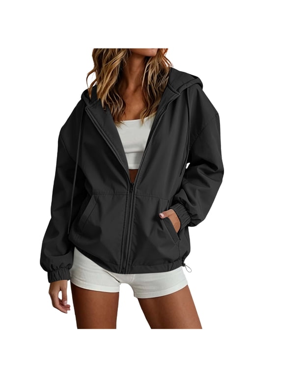 Oversized Windbreaker Jacket Women Zip Up Hoodie Lightweight Waterproof Rain Jackets Raincoat Cycling Running Hiking Black,L