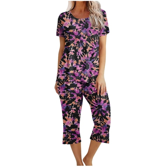 Moxiu Pajamas for Women Set Summer Short Sleeve Crewneck Top with Capri Pants Pjs 2 PIece Soft Comfy Lounge & Sleepwear Set 2025 Multicolor,M