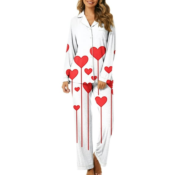 Moxiu Pajamas for Women Set Valentine's Day Long Sleeve Love Heart Print Satin PJ Sets Button-Down Pajama Sleepwear Loungewear 2025 White,XL