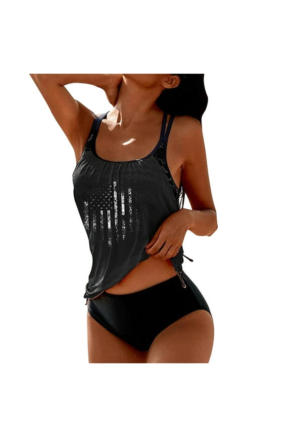 Patriotic Swimsuits for Women Two Piece American Flag Tankini Swimsuit Modest T-Back Swim Tops Hide Tummy Bathing Suit Shorts 2025 Black,S