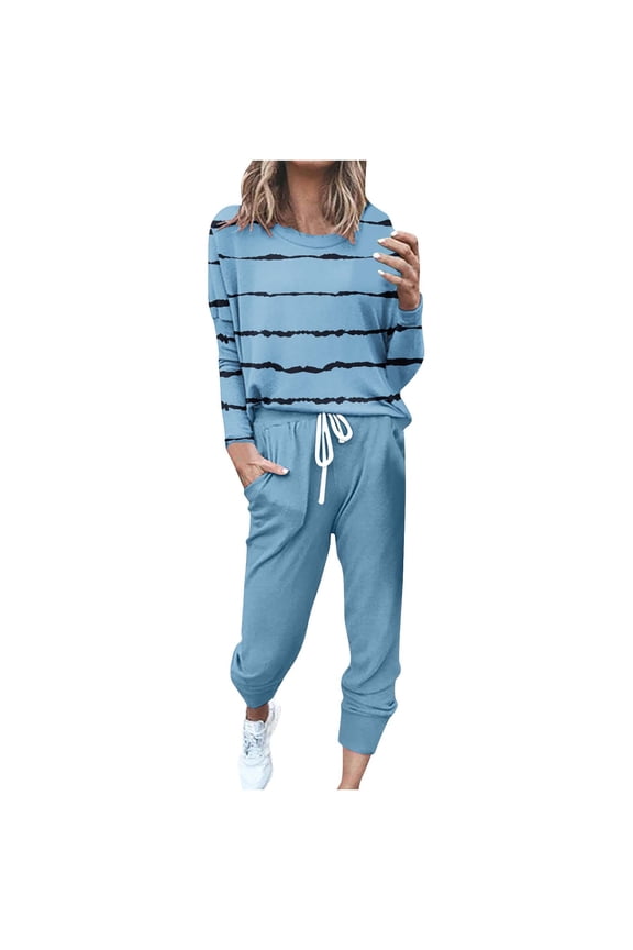 Plus Size 2 Piece Fall Track Suits for Women 2025 - Casual Crewneck Long Sleeve Striped Sweatsuits Jogger Sets Light Blue,XXL