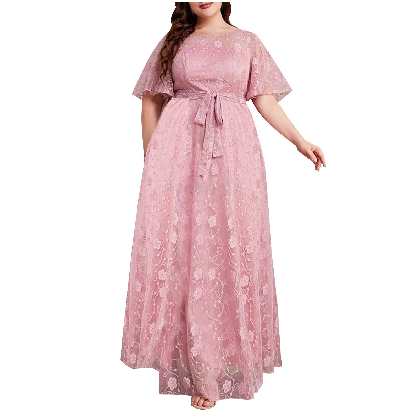 blush pink mother of the bride dress plus size Plus Size Blush Pink Lace Wedding Dress with Sleeves