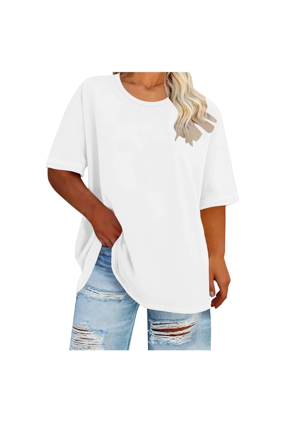 Plus Size Loose Fit Crewneck Summer Tees Womens Cotton Casual Tunic Tops White,XXL