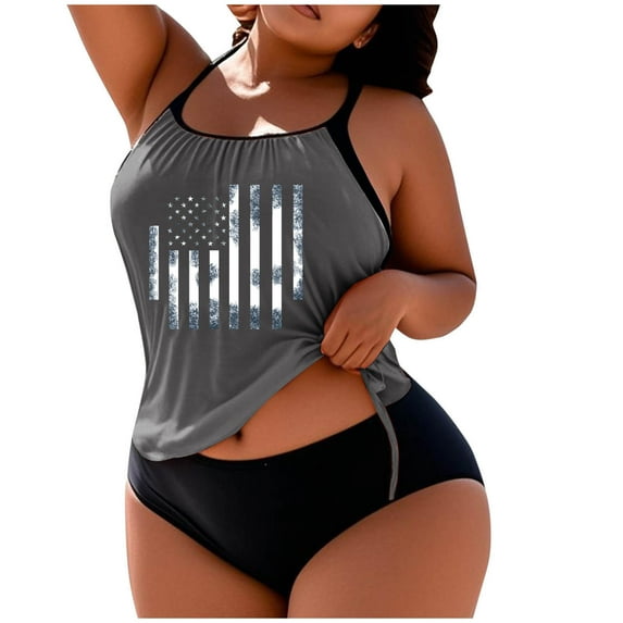 Moxiu Plus Size Tankini Swimsuits for Women American Flag Strap Swim Top with Boy Shorts 2 Piece Bathing Suits Patriotic Beach Swimwear 2025 Gray,XXL
