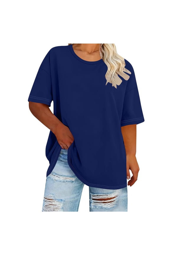 Plus Size Womens Summer Half Sleeve Tees Crewneck Loose Fit Cotton Tops Blue,XXXXXL