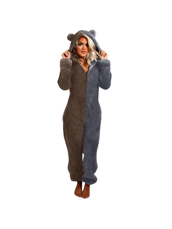 Plush Playsuit 2023 Women's Winter Warm Sherpa Romper Fuzzy Fleece Onesie Pajama Cat Ear Zipper Hooded Lounge Jumpsuit Sleepwear Playsuit