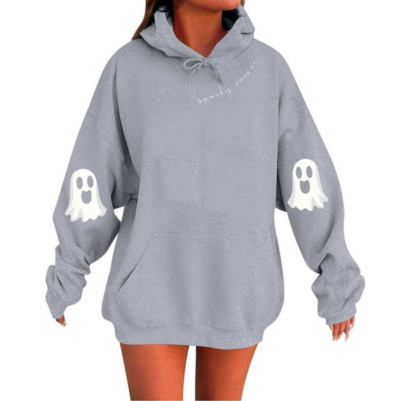 Moxiu Pullover Hoodies for Women Oversized Halloween Sweatshirts Fleece Hooded Sweatshirt Ghost Print Festivel Sweater Hoodie Gray,S