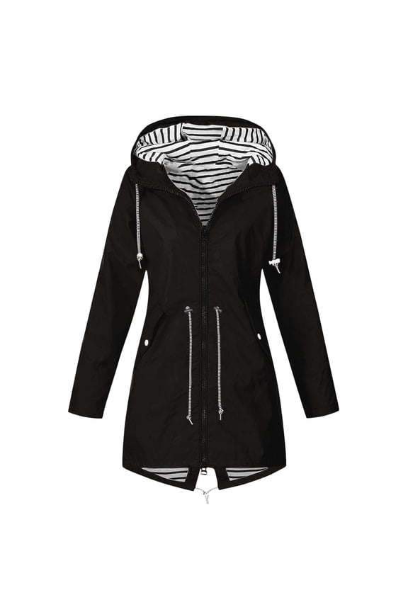 Rain Jacket Women Long Waterproof Raincoat Windbreaker Lightweight Striped Climbing Outdoor Hooded Trench Coats Black,XL