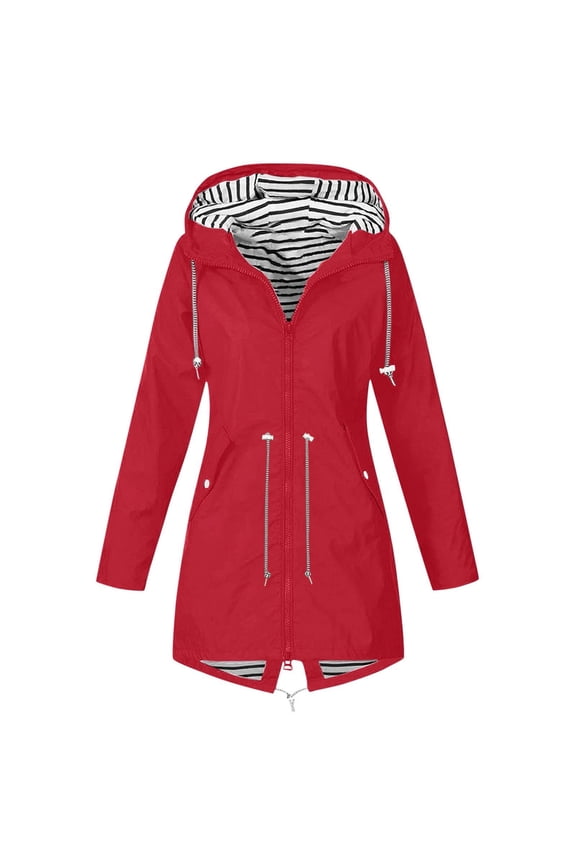 Rain Jackets for Women Waterproof Lightweight Long Raincoat Windbreaker Striped Climbing Outdoor Hooded Trench Coats Red,XXXL