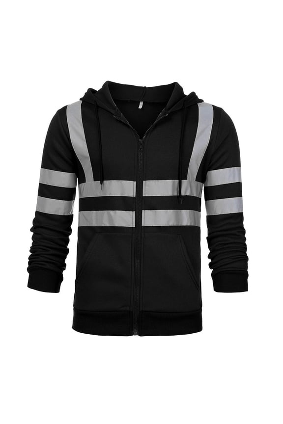 Reflective Jacket Men Hi Vis Hooded Drawstring Sweatshirts Pullover High Visibility Full Zip Up Flame Resistant Jackets with Pocket 2025 Black,M
