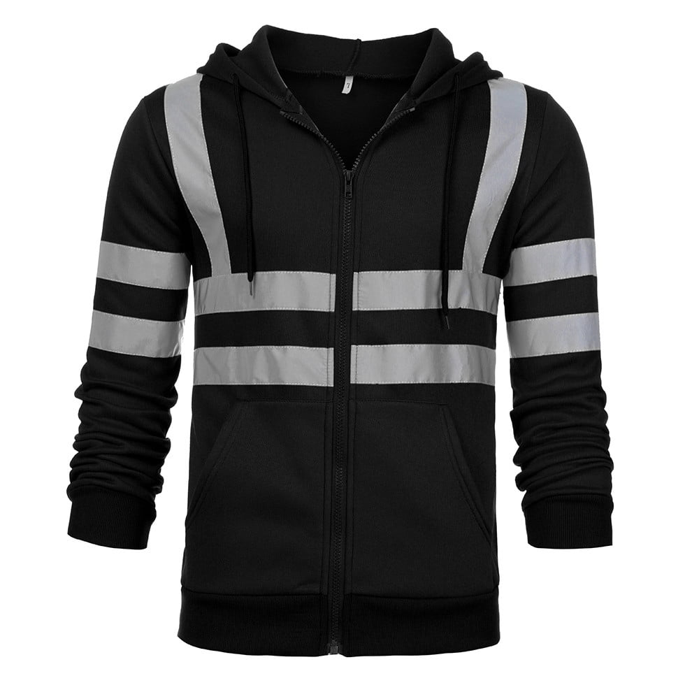 Moxiu Reflective Jackets for Men Hi Vis 2025 Hooded Drawstring Sweatshirts Pullover High Visibility Full Zip Up Flame Resistant Jackets with Pocket 2025 Black,XXL