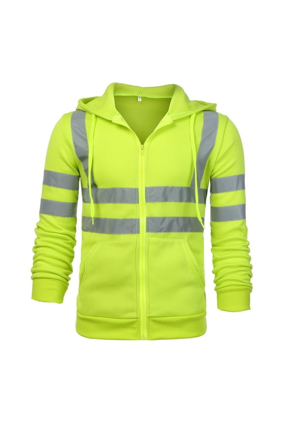 Reflective Jackets Men Hi Vis High Visibility Hooded Drawstring Sweatshirts Pullover Full Zip Up Flame Resistant Jackets with Pocket 2025 Green,L