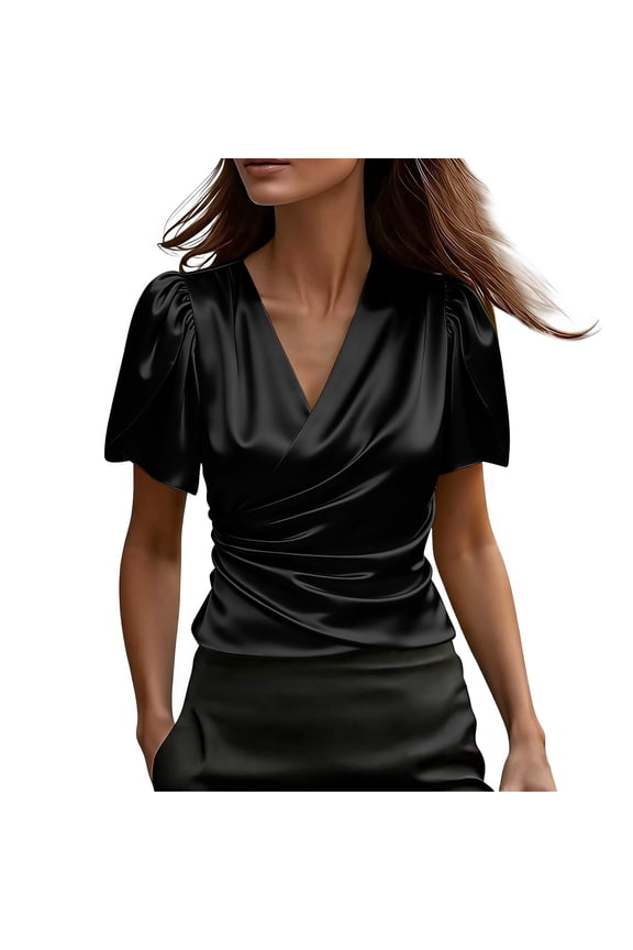 Ruffle Short Sleeve Silk Satin Blouses Womens Front Wrap Ruched V Neck Summer Elegant Tops Black,S