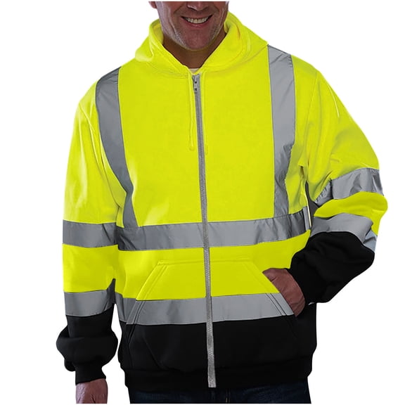 Moxiu Safety Jackets for Men with Hood Hi Vis Reflective Visibility Hooded Drawstring Sweatshirts Pullover Full Zip Up Flame Resistant Jackets 2025 Green,XXXXL