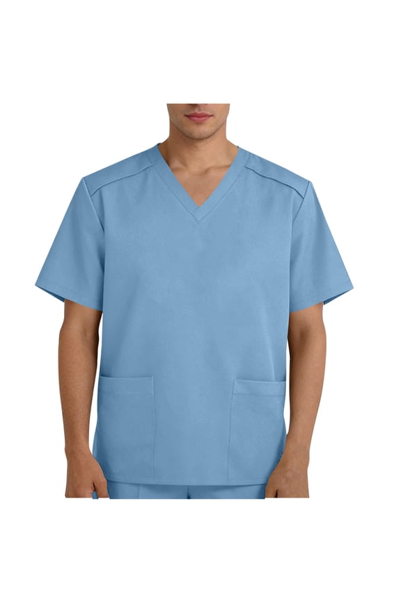 Scrubs for Men Summer V-Neck Scrub Top with Pockets Basic Stretch Raglan Short Sleeve Side Split Medical Uniform Shirts Light Blue,XL