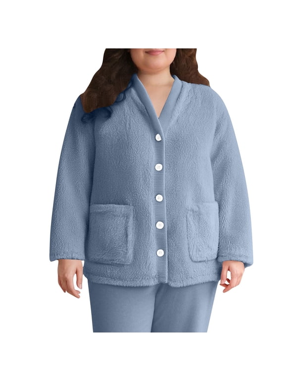 Sherpa Lounge Jacket Women Plus Size Fleece Sherpa Button Lounge Jackets for Home Winter Fuzzy Bed Coat with Pockets Light Blue,XXXL