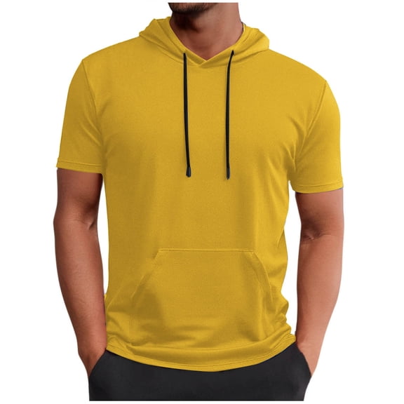 Moxiu Mens Big and Tall Summer Hoodie Short Sleeve Mesh Quick Dry Hooded T-Shirts Lightweight Gym Workout Sweatshirts with Pocket Yellow,S