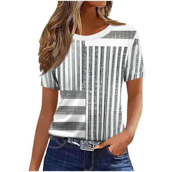 Moxiu Short Sleeve Newspaper Printed Tees Womens Crew Neck Loose Dressy Casual Summer Trendy Blouses Gray,XL
