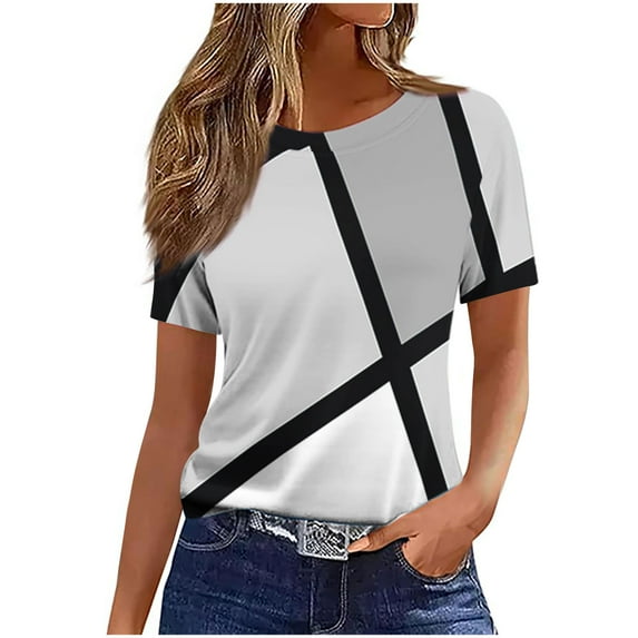 Moxiu Short Sleeve Shirts for Women 2025 Stripe Color Block Graphic Tees Casual Crew Neck Womens Tops Trendy Print Tunic Tops Gray,L