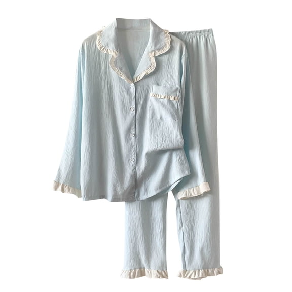 Moxiu Silk 2025 Womens 2 Piece Pajamas - Ruffle Long Sleeve Button Up Soft Satin Fall Lounge Sleepwear Sets Blue,XL