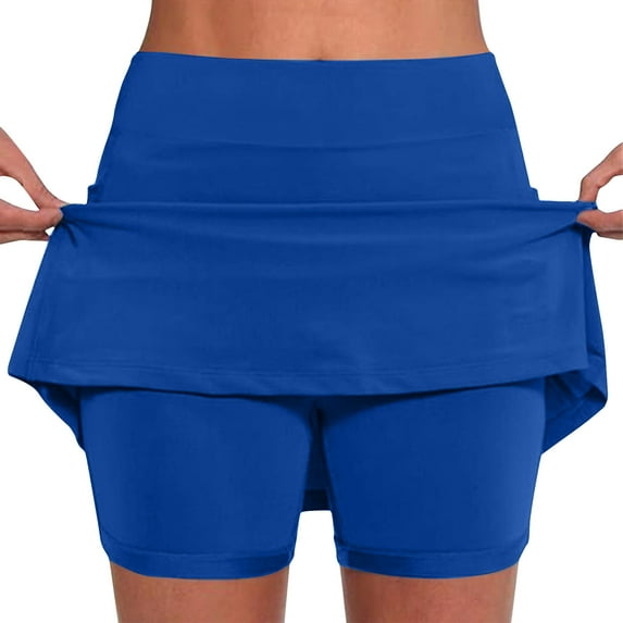 Moxiu Skort Dress for Women Solid Color Double Layer Skort with Pockets Tummy Control Skirt Shorts Plus Size 2025 Blue,XXXL