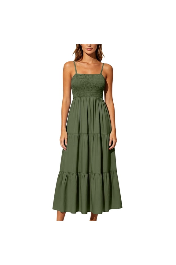 Smocked Dress Women Maxi Summer Sun Dress 2026 Casual Boho Sleeveless Spaghetti Strap Tiered Long Beach Sundresses Army Green,L
