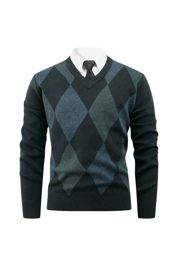 Soft Men's Argyle V-Neck Knitted Sweater Slim Fit Classic Long Sleeve Pullover Big and Tall Jumper Navy,M