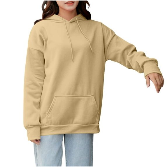 Moxiu Solid Hoodies for Women Casual Pocket Hoodie Long Sleeve Cotton Basic Fall Drawstring Hooded Sweatshirts Pullover Tops Plus Size Beige,XXXL