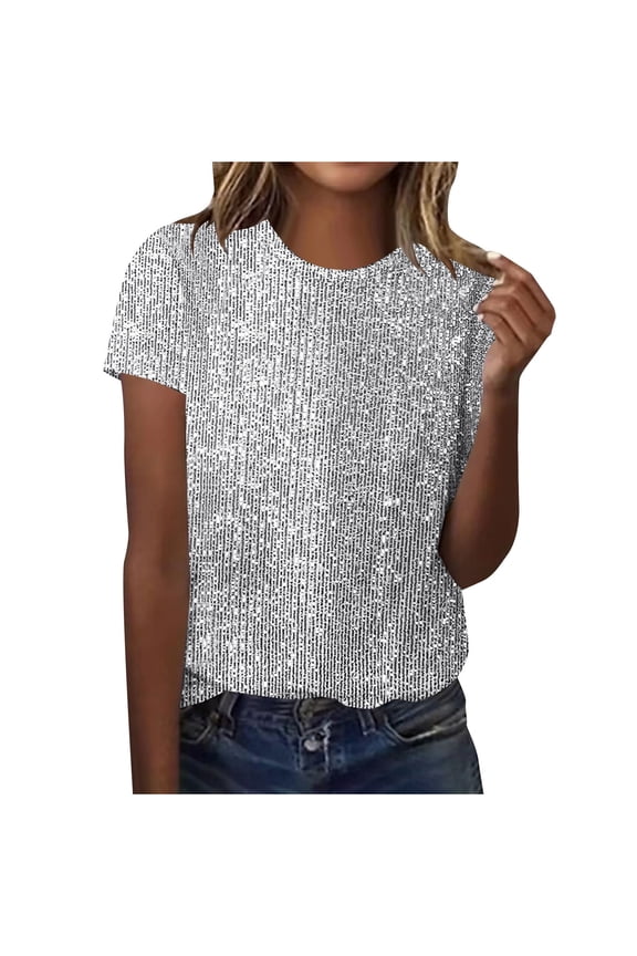 Sparkly Sequin Glitter Top Women Loose Fit Crewneck Short Sleeve Blouse for Evening Club Party Concert White,XL