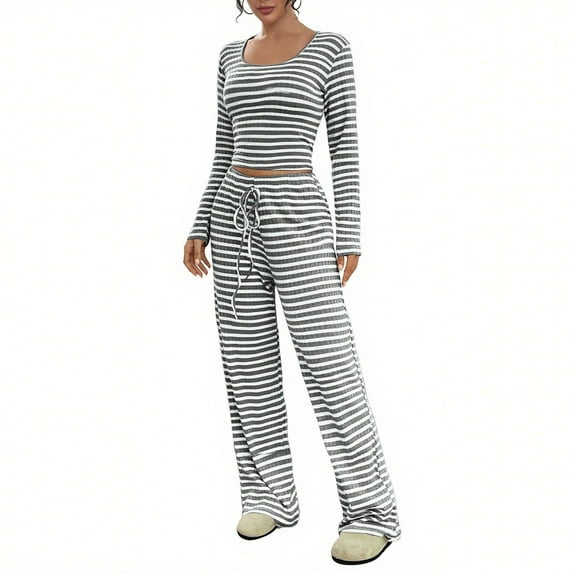 Moxiu Square Neck Top Cropped Tunic 2 Piece Sets for Women 2025 - Striped Wide Leg Pants Casual Lounge Sweatsuits Vacation Clothes Gray,S