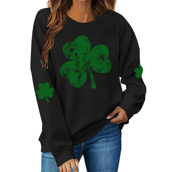 Moxiu St Patrick Sweatshirts for Women Green Irish Clover Long Sleeve Sweatshirt Crewneck Shamrock Printed Pullover Tops 2025 Black,XS