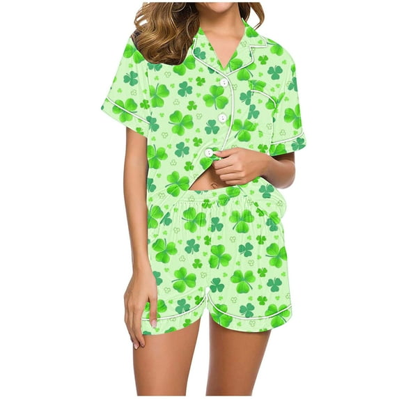 Moxiu St Patricks Day Pajamas for Women Two Piece Summer Outfit Button Up Short Sleeve Shamrock Printed Pjs Matching Shorts Pajama Set 2025 Multicolor,XL