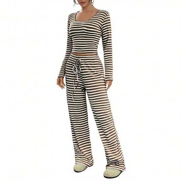 Moxiu Striped 2 Piece Vacation Sets for Women 2025 - Square Neck Top Cropped Tunic Wide Leg Pants Casual Lounge Sweatsuits Coffee,M