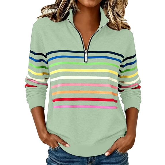 Moxiu Striped Quarter Zip Sweatshirt Women Long Sleeve Pullover Tops Fall Winter Stand Collar Rainbow Colorful Sweat Shirts Green,M