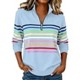 thumbnail image 1 of Moxiu Striped Quarter Zip Sweatshirt Women Long Sleeve Pullover Tops Fall Winter Stand Collar Rainbow Colorful Sweat Shirts Light Blue,L, 1 of 7