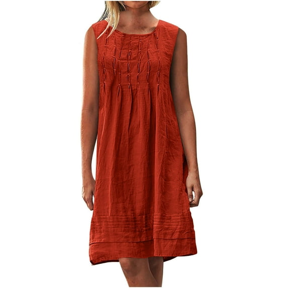 Moxiu Summer Cotton Linen Dress for Women Casual Short Sleeve Crewneck Ruched T Shirts Dress Loose A-Line Beach Sundress 2025 Orange,S